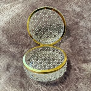 Antique French Round Crystal Brass Hinged Casket Jewelry Holder Box